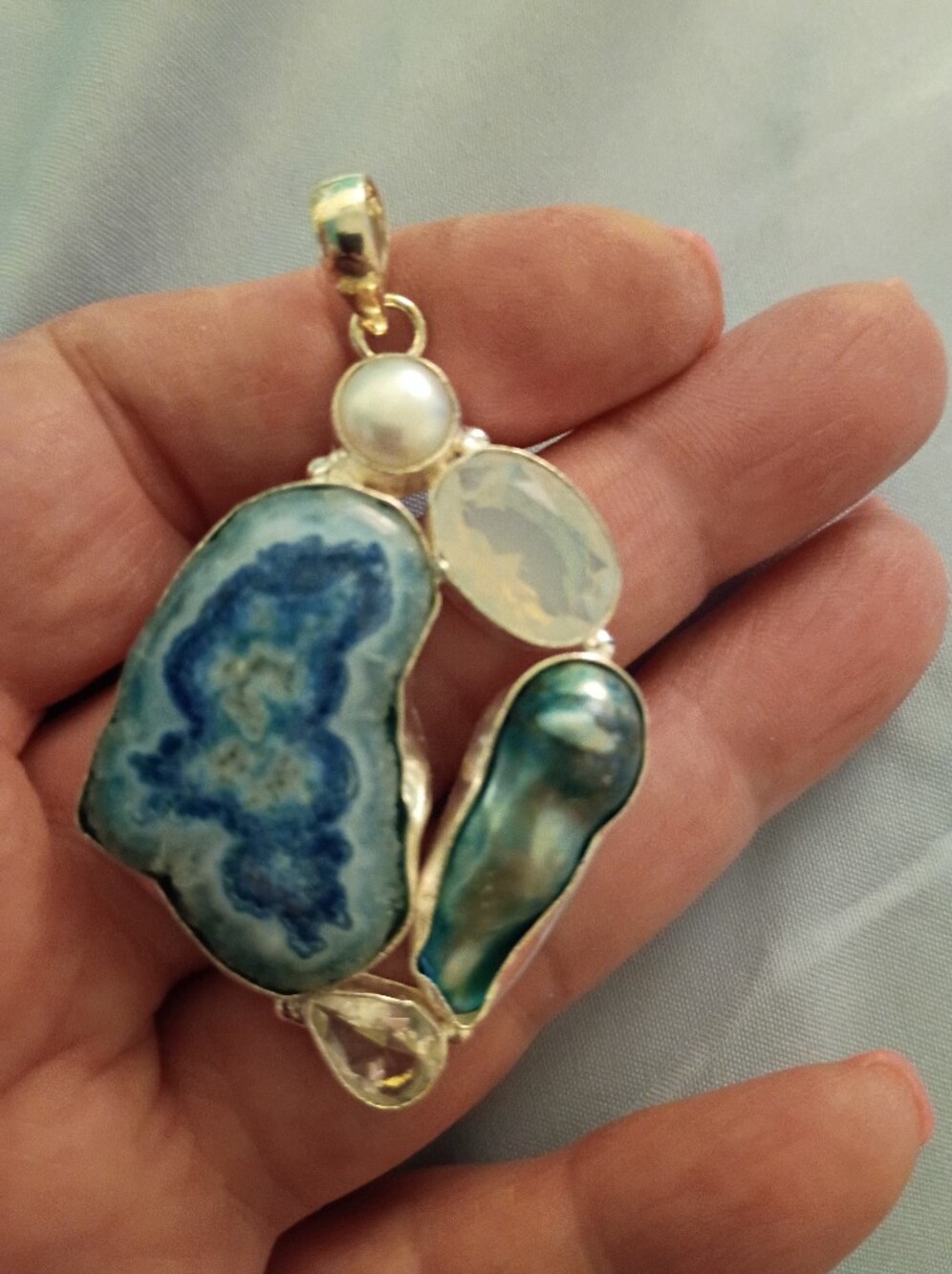 Large Real Blue Agate& Real freshwater Pearls Pendant Gorgeous Colors!